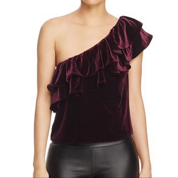 MISA Ruffle One-shoulder Velvet Top In Plum Velvet - Picture 2 of 8